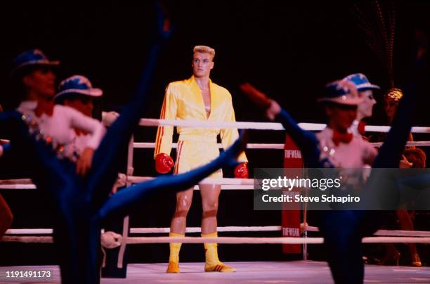 Swedish actor Dolph Lundgren in a scene from the film 'Rocky IV' , Los Angeles, California, 1984.