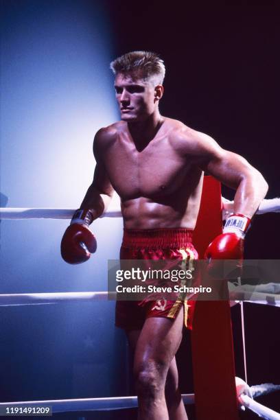 Swedish actor Dolph Lundgren in a scene from the film 'Rocky IV' , Los Angeles, California, 1984.