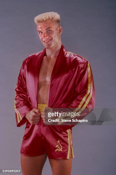 Portrait of Swedish actor Dolph Lundgren in costume for the film 'Rocky IV' , Los Angeles, California, 1984.