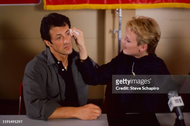View of American actor and director Sylvester Stallone and Danish actress Brigitte Nielsen during the filming of 'Rocky IV' , Los Angeles,...