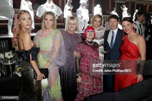 Lady Mary Charteris, Alice Naylor-Leyland, Zandra Rhodes, Lady Sofia Wellesley and James Blunt attend the VIP dinner at The Fashion Awards 2019 held...
