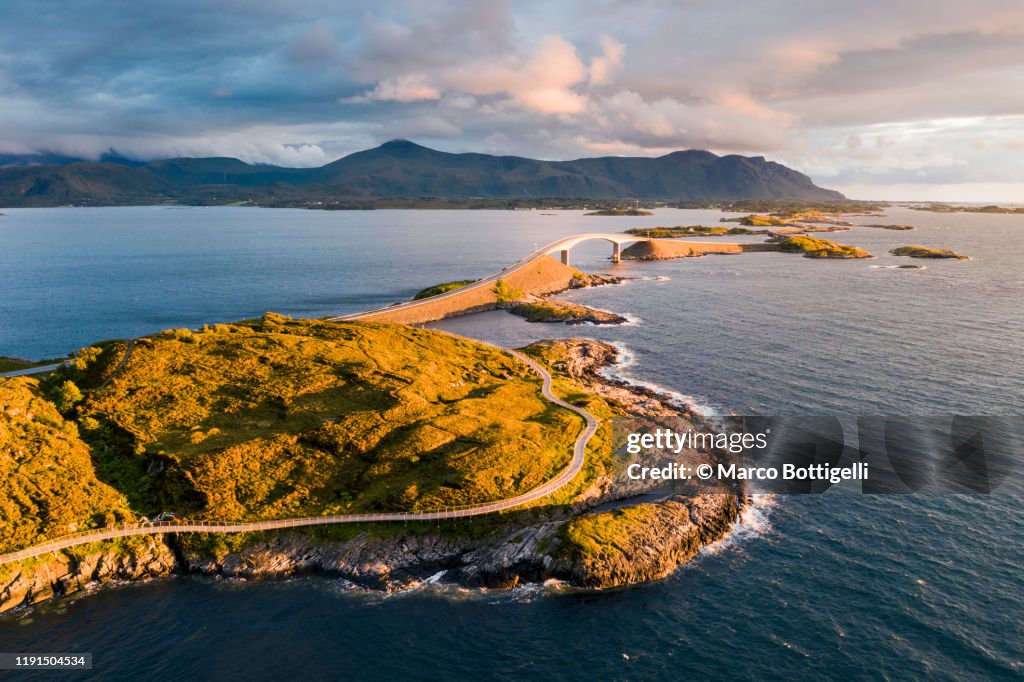 Aerial view of the Atlantic Ocean Road at sunset, Norway