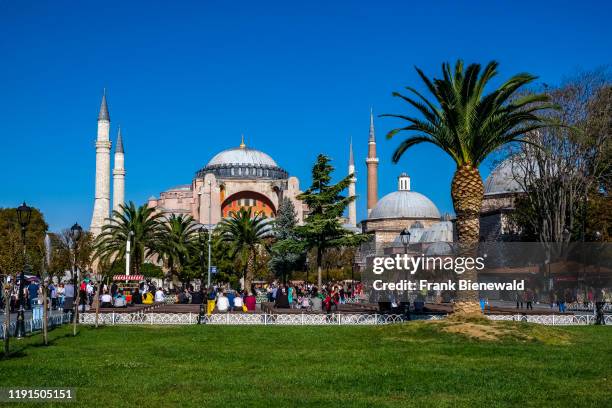 Hagia Sophia, Ayasofya, a former Greek Orthodox Christian cathedral, later an Ottoman mosque and now a museum, seen across a park.