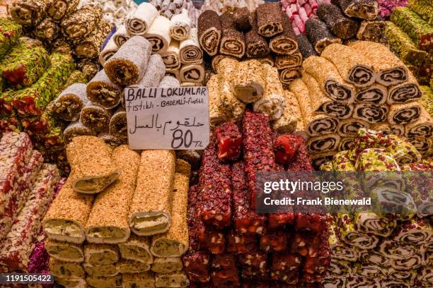 Big variety of Turkish Delight, Lokum, are offered for sale inside the Spice Bazaar, Msr Çars, also known as Egyptian Bazaar.