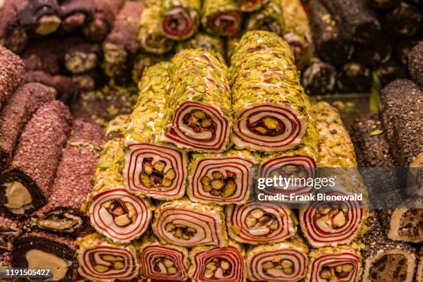 Big variety of Turkish Delight, Lokum, are offered for sale inside the Spice Bazaar, Msr Çars, also known as Egyptian Bazaar.