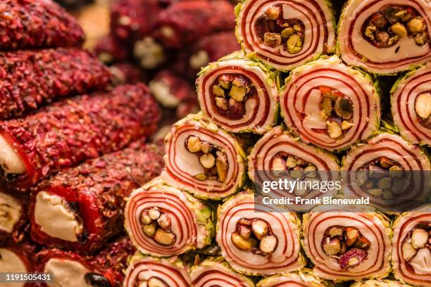 Big variety of Turkish Delight, Lokum, are offered for sale inside the Spice Bazaar, Msr Çars, also known as Egyptian Bazaar.