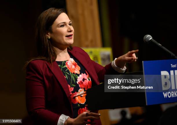 Rep. Abby Finkenauer introduces Democratic presidential candidate, former Vice President Joe Biden, on January 3, 2020 in Independence, Iowa....