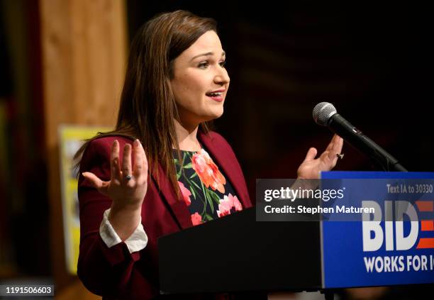 Rep. Abby Finkenauer introduces Democratic presidential candidate, former Vice President Joe Biden, on January 3, 2020 in Independence, Iowa....