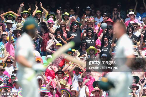 The crowd celebrates the double century of Australia's Marnus Labuschagne during the second day of the third cricket Test match between Australia and...