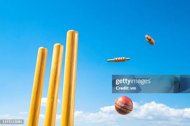 palla da cricket che colpisce il wicket - wicket foto e immagini stock