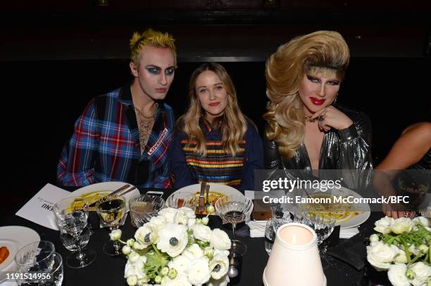 Charles Jeffrey, Bethany Williams and Jodie Harsh attend the VIP dinner at The Fashion Awards 2019 held at Royal Albert Hall on December 02, 2019 in...