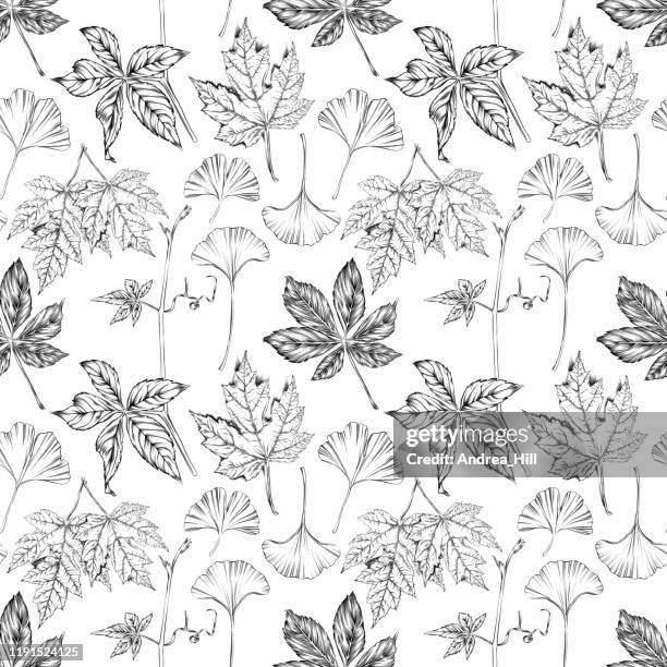 autumn leaves seamless pattern vector pen and ink illustration - chestnut tree stock illustrations