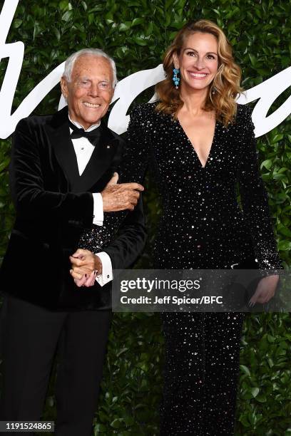 Giorgio Armani and Julia Roberts arrive at The Fashion Awards 2019 held at Royal Albert Hall on December 02, 2019 in London, England.