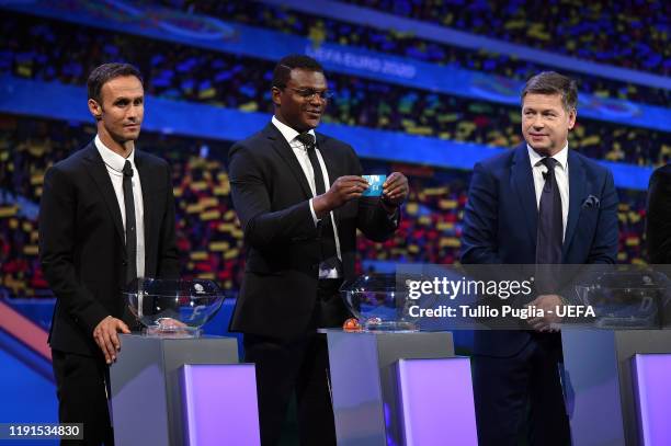 Ricardo Carvalho, Marcel Desailly and John Sivebaek attend the UEFA Euro 2020 Final Draw Ceremony on November 30, 2019 in Bucharest, Romania.