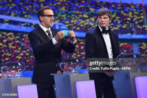 Karel Poborsky and Andrey Arshavin attend the UEFA Euro 2020 Final Draw Ceremony on November 30, 2019 in Bucharest, Romania.