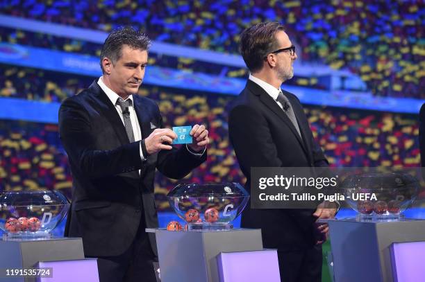 Theodoros Zagorakis and Karel Poborsky attend the UEFA Euro 2020 Final Draw Ceremony on November 30, 2019 in Bucharest, Romania.