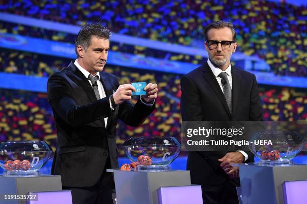 Theodoros Zagorakis and Karel Poborsky attend the UEFA Euro 2020 Final Draw Ceremony on November 30, 2019 in Bucharest, Romania.