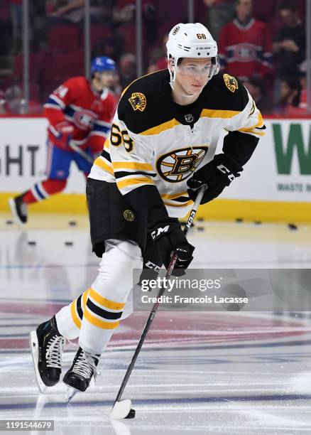 Jack Studnicka of the Boston Bruins warms up prior to the game against the Montreal Canadiens in the NHL game at the Bell Centre on November 26, 2019...