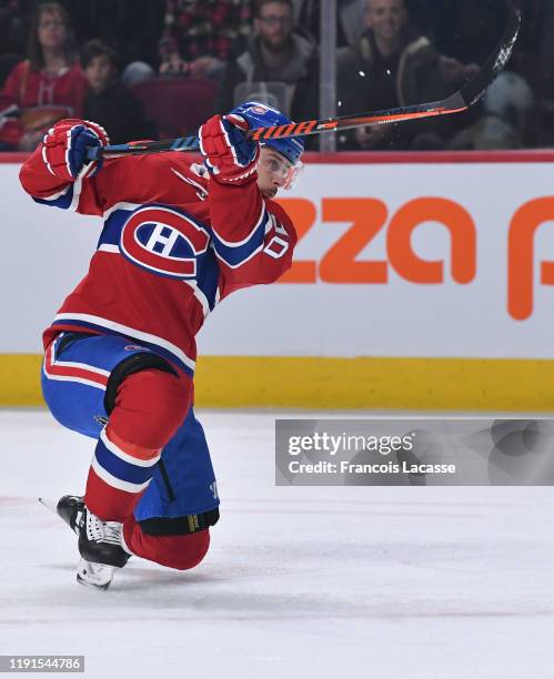 Tomas Tatar of the Montreal Canadiens fires a slap shot against the Boston Bruins in the NHL game at the Bell Centre on November 26, 2019 in...