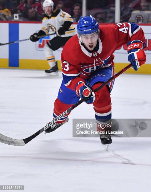 Jordan Weal of the Montreal Canadiens skates for position against the Boston Bruins in the NHL game at the Bell Centre on November 26, 2019 in...