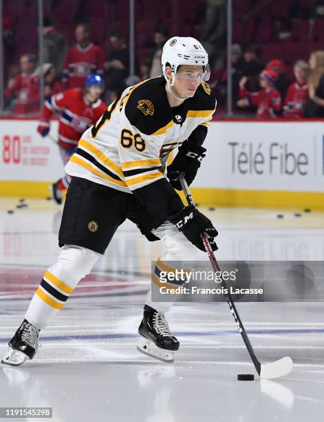 Jack Studnicka of the Boston Bruins warms up prior to the game against the Montreal Canadiens in the NHL game at the Bell Centre on November 26, 2019...