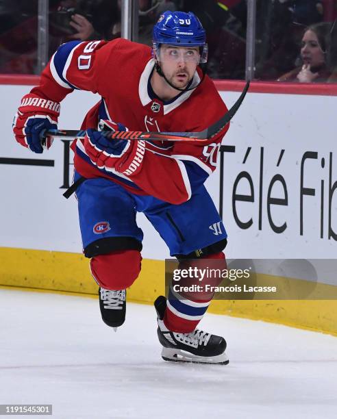 Tomas Tatar of the Montreal Canadiens skates against the Boston Bruins in the NHL game at the Bell Centre on November 26, 2019 in Montreal, Quebec,...