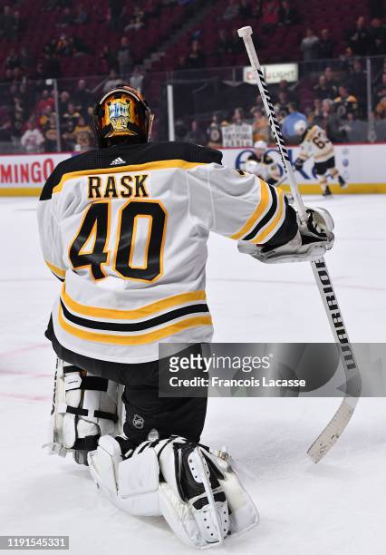 Tuukka Rask of the Boston Bruins warms up prior to the game against the Montreal Canadiens in the NHL game at the Bell Centre on November 26, 2019 in...