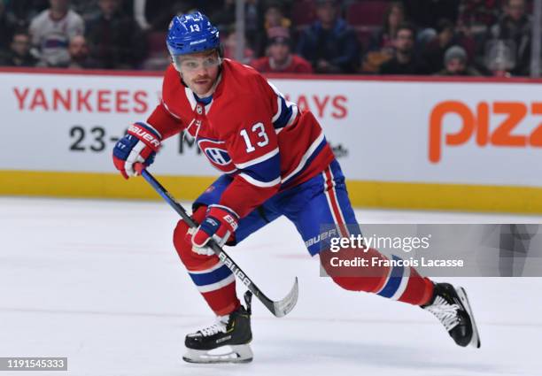 Max Domi of the Montreal Canadiens skates against the Boston Bruins in the NHL game at the Bell Centre on November 26, 2019 in Montreal, Quebec,...