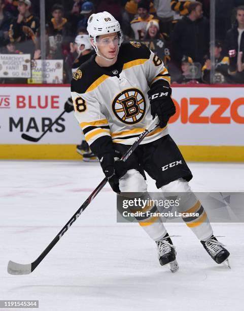 Jack Studnicka of the Boston Bruins warms up prior to the game against the Montreal Canadiens in the NHL game at the Bell Centre on November 26, 2019...