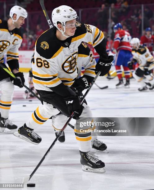 Jack Studnicka of the Boston Bruins warms up prior to the game against the Montreal Canadiens in the NHL game at the Bell Centre on November 26, 2019...