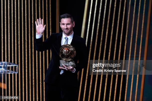 Lionel Messi poses onstage with after winning his sixth Ballon D'Or award during the Ballon D'Or Ceremony at Theatre Du Chatelet on December 02, 2019...
