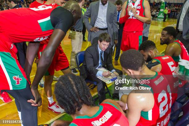 Darren Erman, Head Coach of the Maine Red Claws draws up a play during a timeout against the Agua Caliente Clippers on Friday, January 3, 2020 at the...