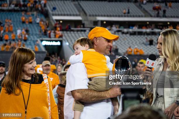 University of Tennessee Volunteers coach Jeremy Pruitt during the trophy ceremony for the 2019 TaxSlayer Gator Bowl college football game between the...