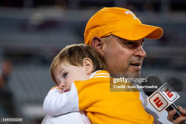 University of Tennessee Volunteers coach Jeremy Pruitt during the trophy ceremony for the 2019 TaxSlayer Gator Bowl college football game between the...