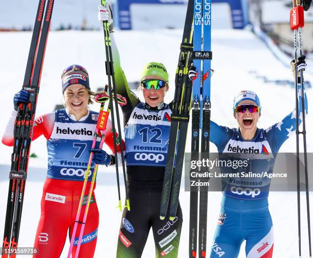 Anamarija Lampic of Slovenia takes 1st place, Astrid Uhrenholdt Jacobsen of Norway takes 2nd place, Jessica Diggins of USA takes 3rd place during the...