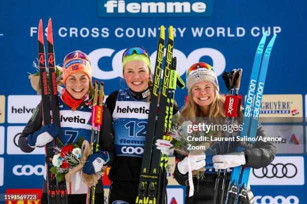 Anamarija Lampic of Slovenia takes 1st place, Astrid Uhrenholdt Jacobsen of Norway takes 2nd place, Jessica Diggins of USA takes 3rd place during the...