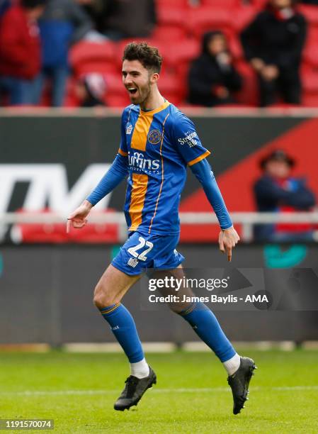 Sean Goss of Shrewsbury Town celebrates after scoring a goal to make it 1-1 during the FA Cup Third Round match between Bristol City and Shrewsbury...