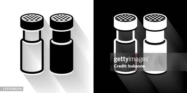 salt & pepper shaker black and white icon with long shadow - salt white background stock illustrations