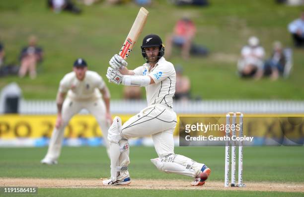New Zealand captain Kane Williamson bats during day 5 of the second Test match between New Zealand and England at Seddon Park on December 03, 2019 in...