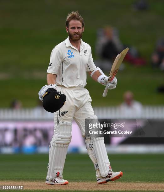Kane Williamson of New Zealand celebrates reaching his century during day 5 of the second Test match between New Zealand and England at Seddon Park...
