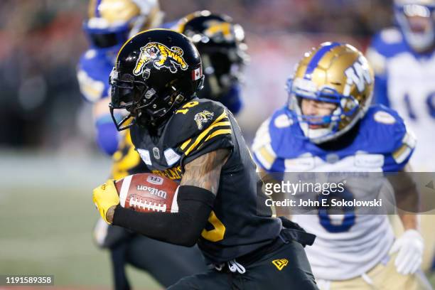 Brandon Banks of the Hamilton Tiger-Cats gains yards against the Winnipeg Blue Bombers at McMahon Stadium on November 24, 2019 in Calgary, Canada....