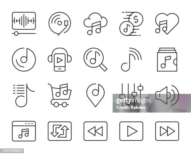 bildbanksillustrationer, clip art samt tecknat material och ikoner med musik streaming store-ljus linje ikoner - musikaffär