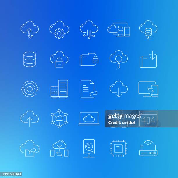 cloud hosting related vector line icons - editable stroke - computer file search stock illustrations