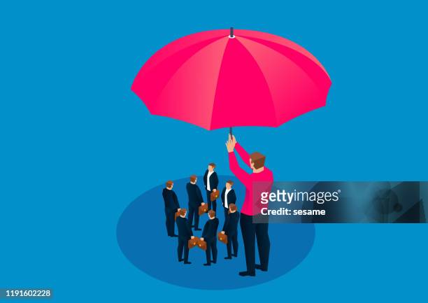 illustrazioni stock, clip art, cartoni animati e icone di tendenza di gigante in possesso di un grande ombrello per proteggere un gruppo di piccoli imprenditori - sicurezza di sé
