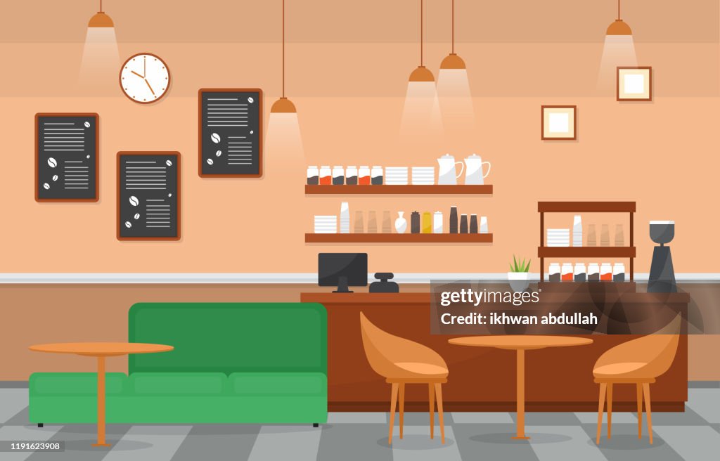 Modern Cafe Coffee Shop Interior Furniture Restaurant Flat Design ...