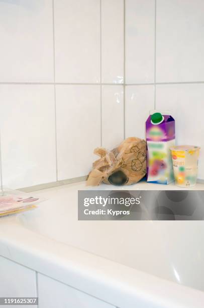 munich, germany - breakfast in a hotel bathroom - yoghurt tub stock pictures, royalty-free photos & images