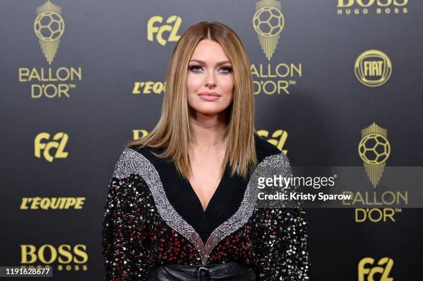 Caroline Receveur poses on the red carpet during the Ballon D'Or Ceremony at Theatre Du Chatelet on December 02, 2019 in Paris, France.