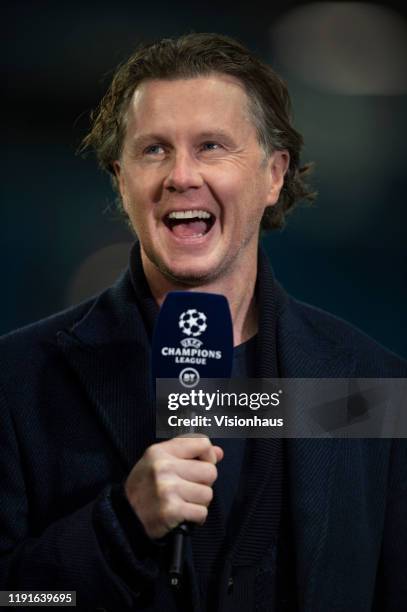 Sport commentator Steve McManaman before the UEFA Champions League group C match between Manchester City and Shakhtar Donetsk at Etihad Stadium on...