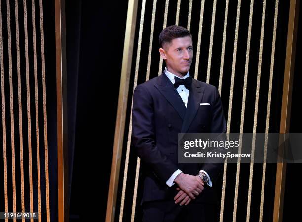 Robert Lewandowski is seen onstage during the Ballon D'Or Ceremony at Theatre Du Chatelet on December 02, 2019 in Paris, France.