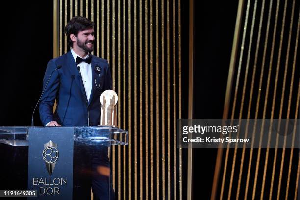 Alisson Becker is awarded with the Yashine Trophy during the Ballon D'Or Ceremony at Theatre Du Chatelet on December 02, 2019 in Paris, France.